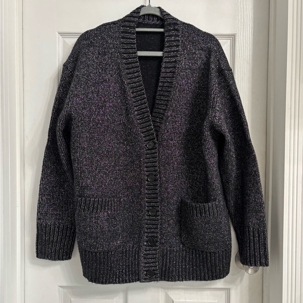 All Saints Sabrina Wool Blend Button Front Cardigan Large Black Silver Thread